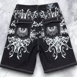 Gothic Graphic Denim Shorts | Y2K Embroidered Jean Shorts | 2000s Streetwear